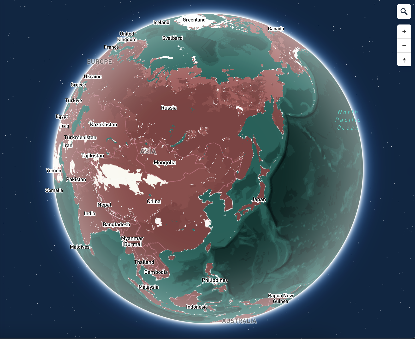 Red land/green ocean spherical Asia region: Modified Greenspace color and Water color palette.